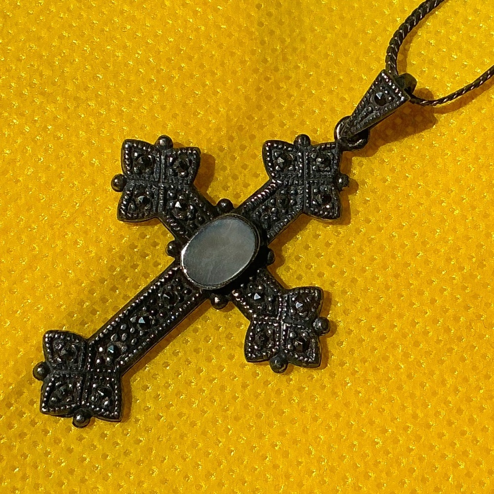 Sterling Silver Cross & Chain With Opalescent Center Stone Marcasite Stones